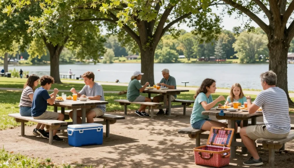 Outdoor picnic area with families enjoying meals at tables