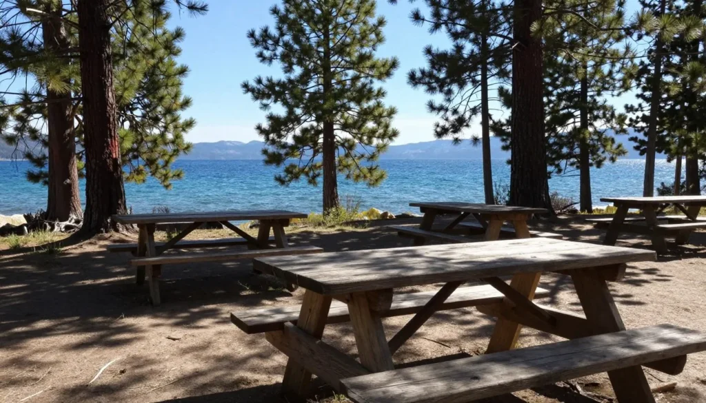 Outdoor picnic area with wooden tables overlooking Lake Tahoe Outdoor picnic area with wooden tables overlooking Lake Tahoe