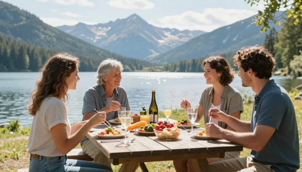 Outdoor picnic meal at lakeside with mountain views Outdoor picnic meal at lakeside with mountain views