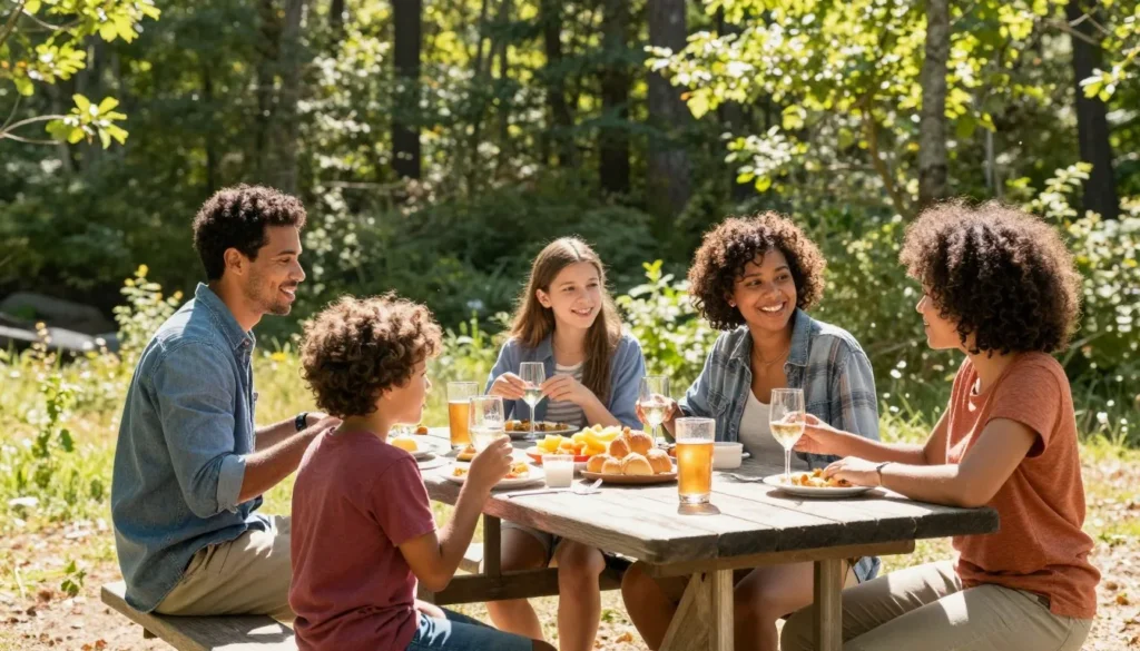 Outdoor picnic scene at Rifle Falls State Park with family enjoying meal Outdoor picnic scene at Rifle Falls State Park with family enjoying meal