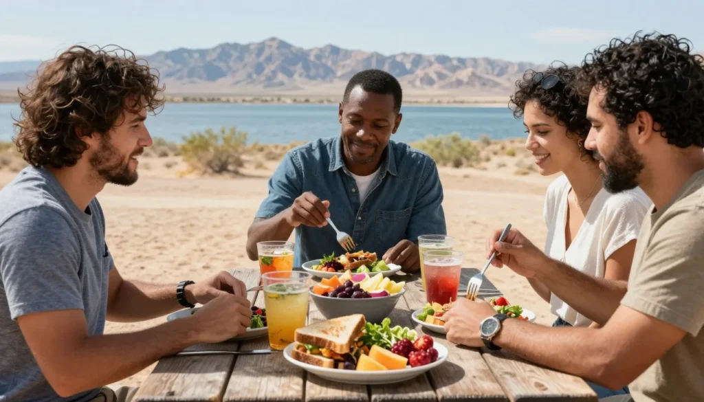 Outdoor picnic setup near Lake Mead with food spread and mountain views
