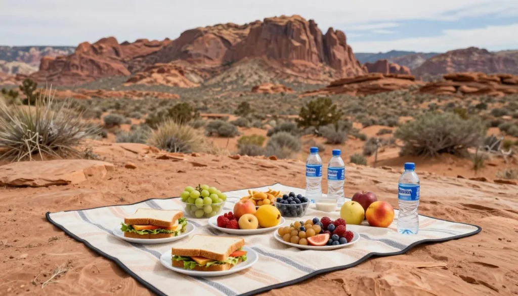 Outdoor picnic setup with fresh food and drinks at scenic overlook Outdoor picnic setup with fresh food and drinks at scenic overlook