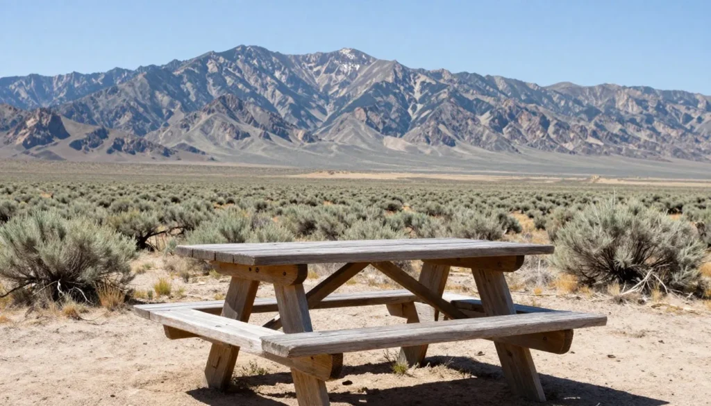 Outdoor picnic table with mountain landscape view for dining in Great Basin area
