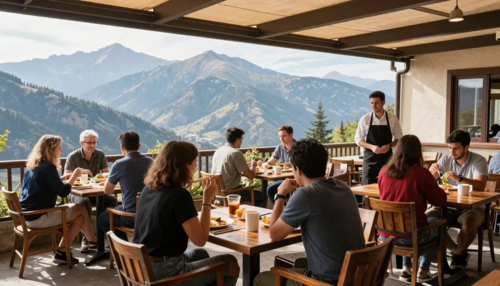 Outdoor restaurant dining with mountain views