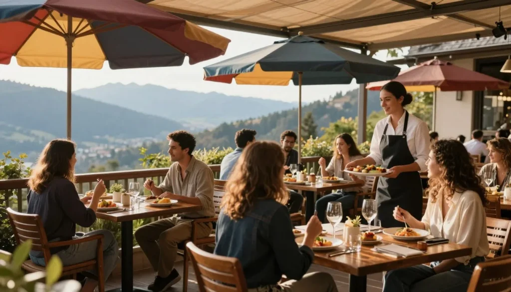 Outdoor restaurant dining with mountain views and diverse diners