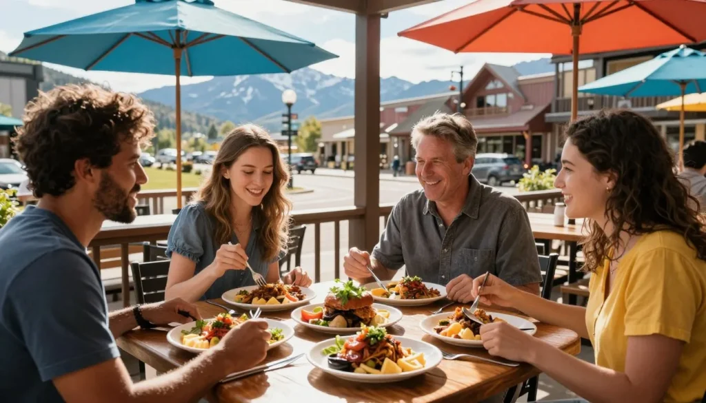 Outdoor restaurant patio dining in Buena Vista with mountain views and diverse group enjoying meal Outdoor restaurant patio dining in Buena Vista with mountain views and diverse group enjoying meal