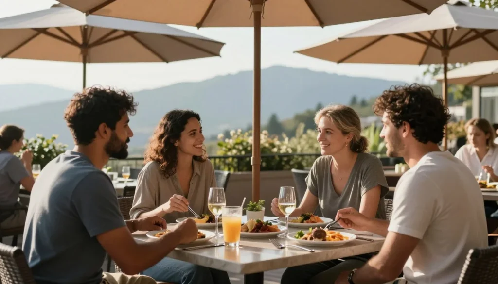 Outdoor restaurant patio dining with mountain views and diverse diners enjoying meals