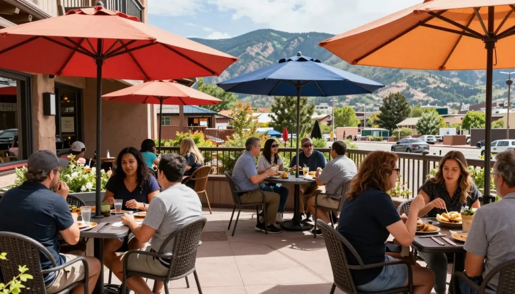 Outdoor restaurant patio in Manitou Springs with mountain views and diverse diners Outdoor restaurant patio in Manitou Springs with mountain views and diverse diners