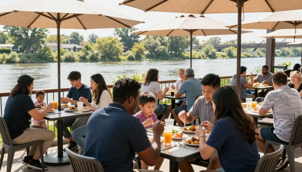 Outdoor restaurant patio with diverse diners enjoying meals near South Platte River Trail Outdoor restaurant patio with diverse diners enjoying meals near South Platte River Trail