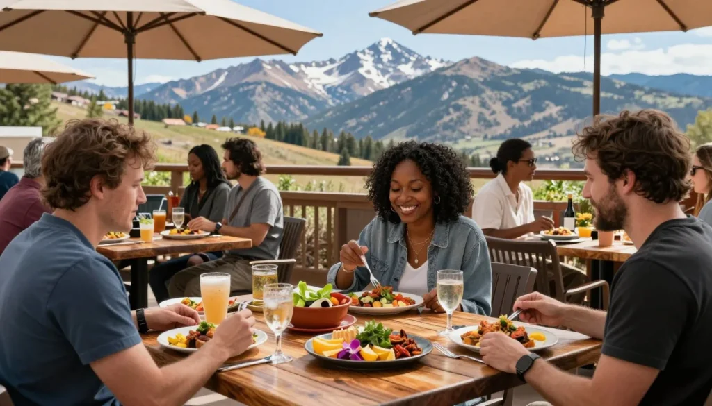 Outdoor restaurant patio with mountain views and diverse diners enjoying meals