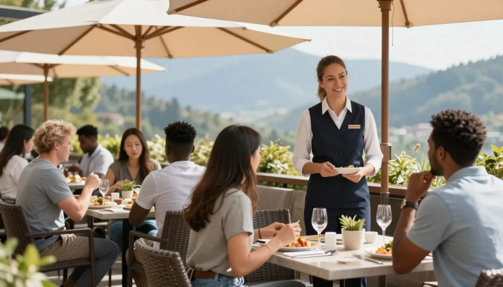 Outdoor restaurant terrace with diverse diners enjoying meals with mountain views in background Outdoor restaurant terrace with diverse diners enjoying meals with mountain views in background