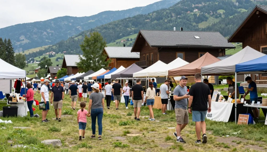 Outdoor summer festival in mountain town setting Outdoor summer festival in mountain town setting
