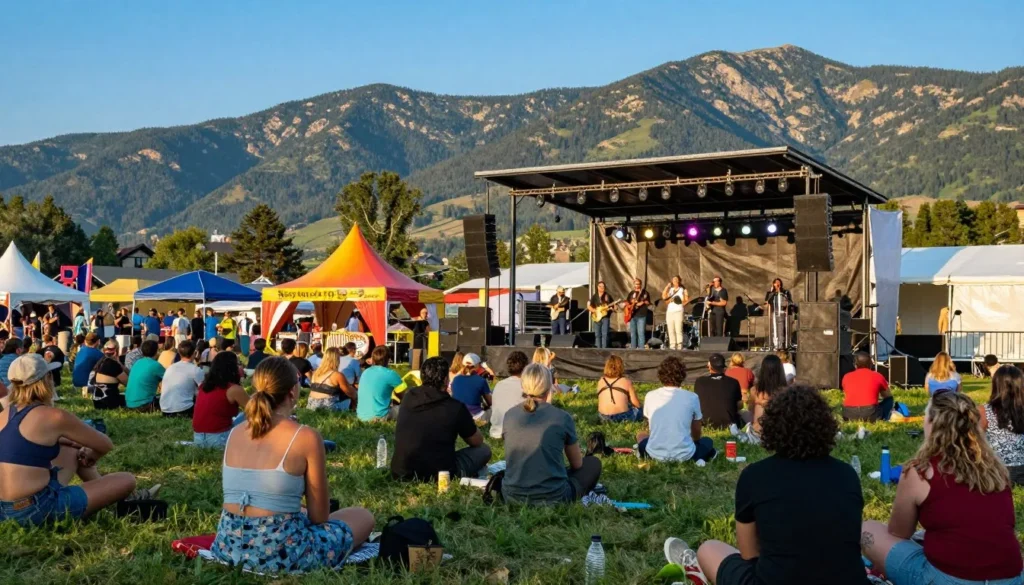 Outdoor summer music festival at Snowmass Village with diverse crowd enjoying live performance against mountain backdrop Outdoor summer music festival at Snowmass Village with diverse crowd enjoying live performance against mountain backdrop