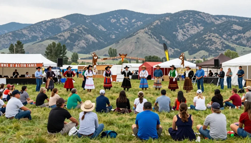Outdoor western festival with diverse families watching cultural performance in mountain setting