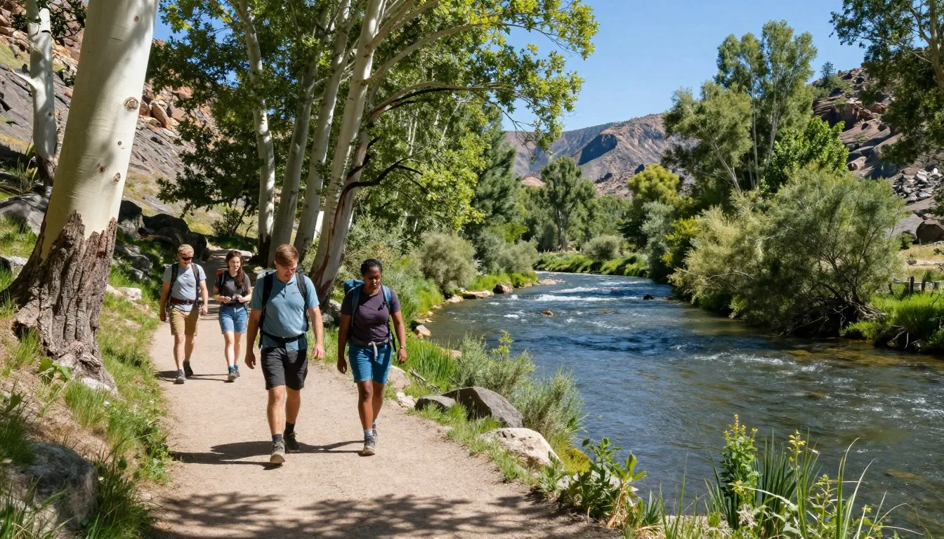 Oxbow-Nature-Study-Area-Nevada-scenic-river-trail-with-diverse-visitors-walking-along-Truckee Oxbow Nature Study Area Nevada scenic river trail with diverse visitors walking along Truckee River