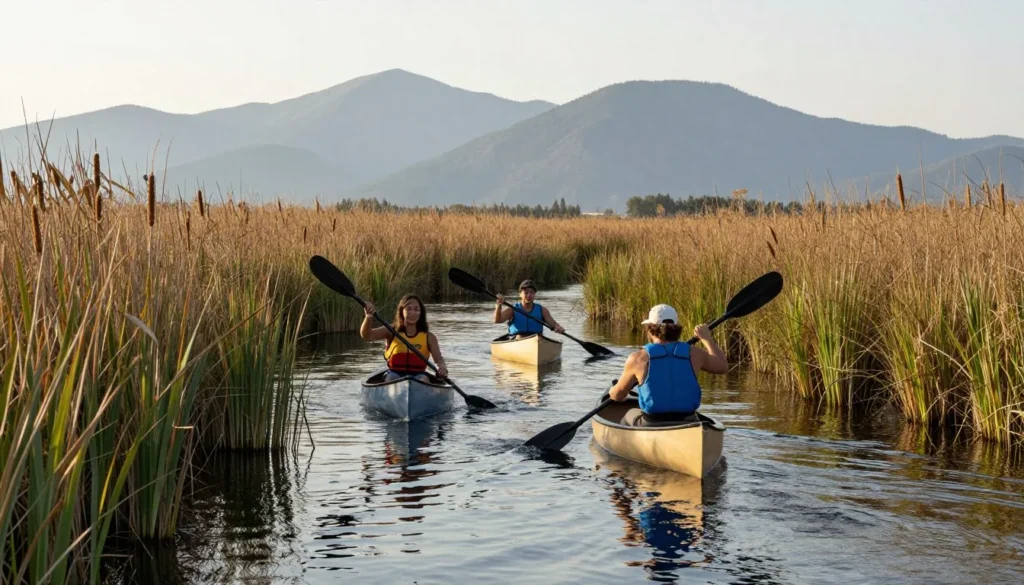 Paddlers in canoes exploring Ruby Lake marsh channels with cattails and mountains