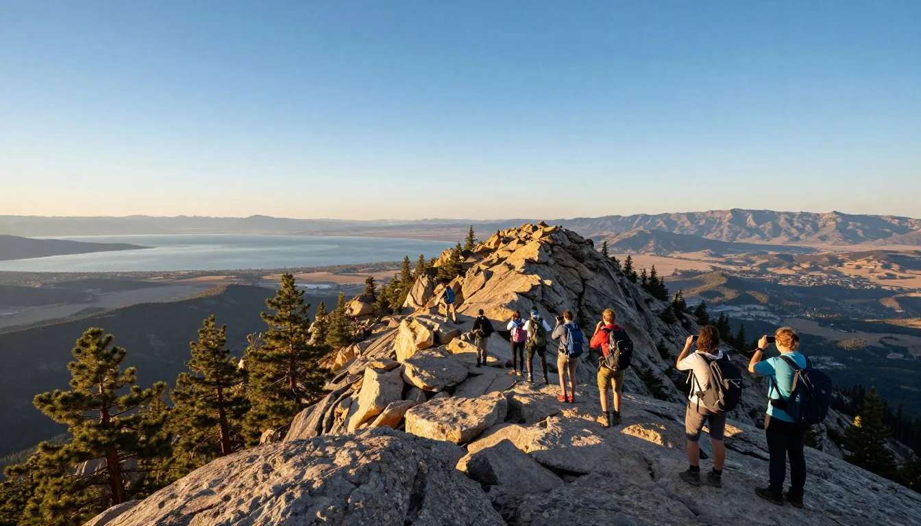 Panoramic mountain vista of Bountiful Peak with Great Salt Lake visible in the distance under blue skies