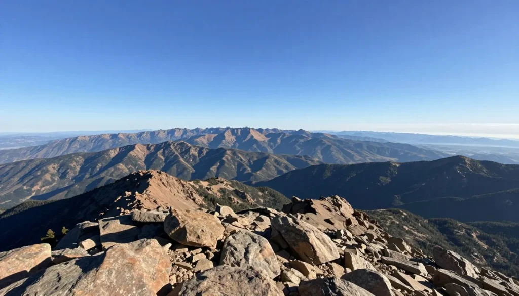 Panoramic view from Pikes Peak showing surrounding mountain ranges Panoramic view from Pikes Peak showing surrounding mountain ranges