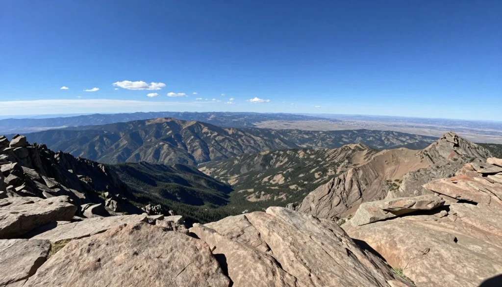 Panoramic view from Pikes Peak summit showing vast Colorado landscape with multiple mountain ranges under expansive blue sky Panoramic view from Pikes Peak summit showing vast Colorado landscape with multiple mountain ranges under expansive blue sky