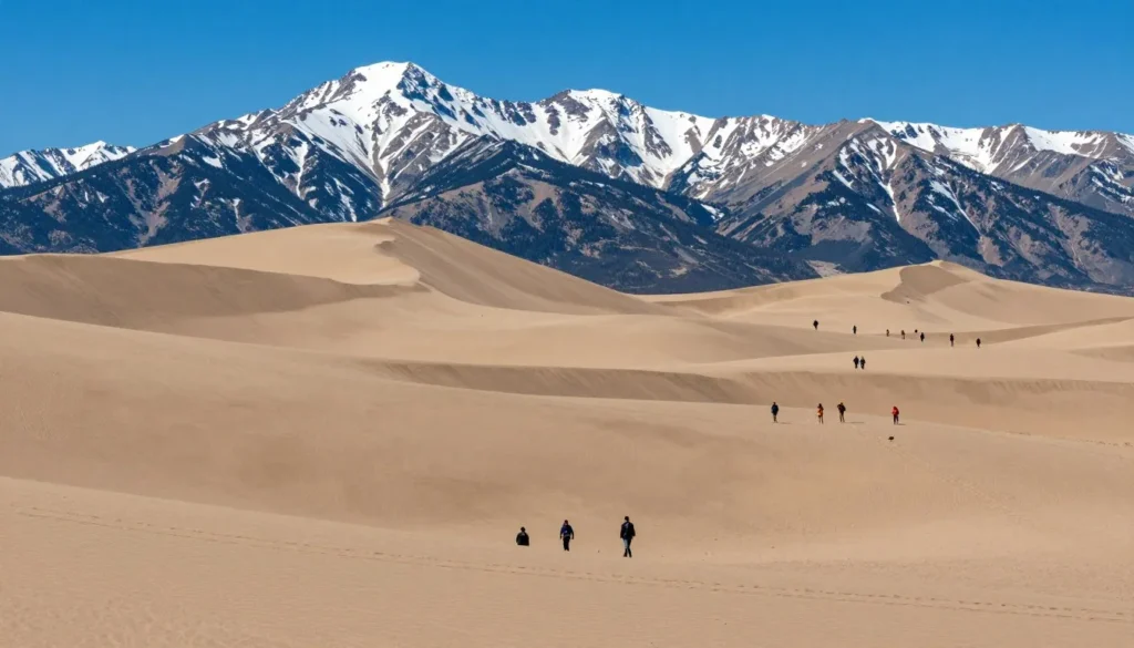 Panoramic view of Great Sand Dunes with Sangre de Cristo Mountains backdrop Panoramic view of Great Sand Dunes with Sangre de Cristo Mountains backdrop