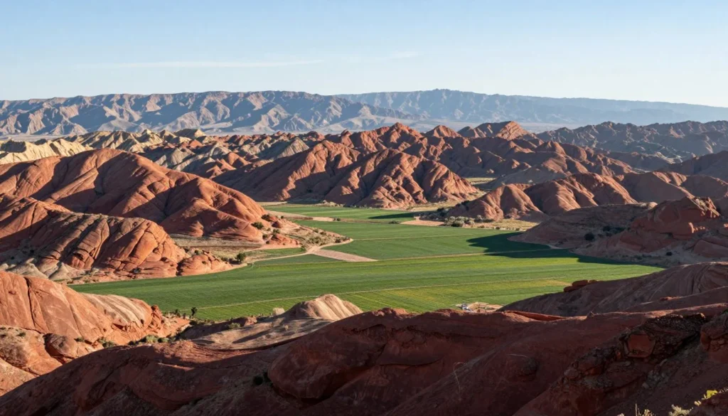 Panoramic view of Paradox Valley Colorado with agricultural fields and surrounding canyon walls