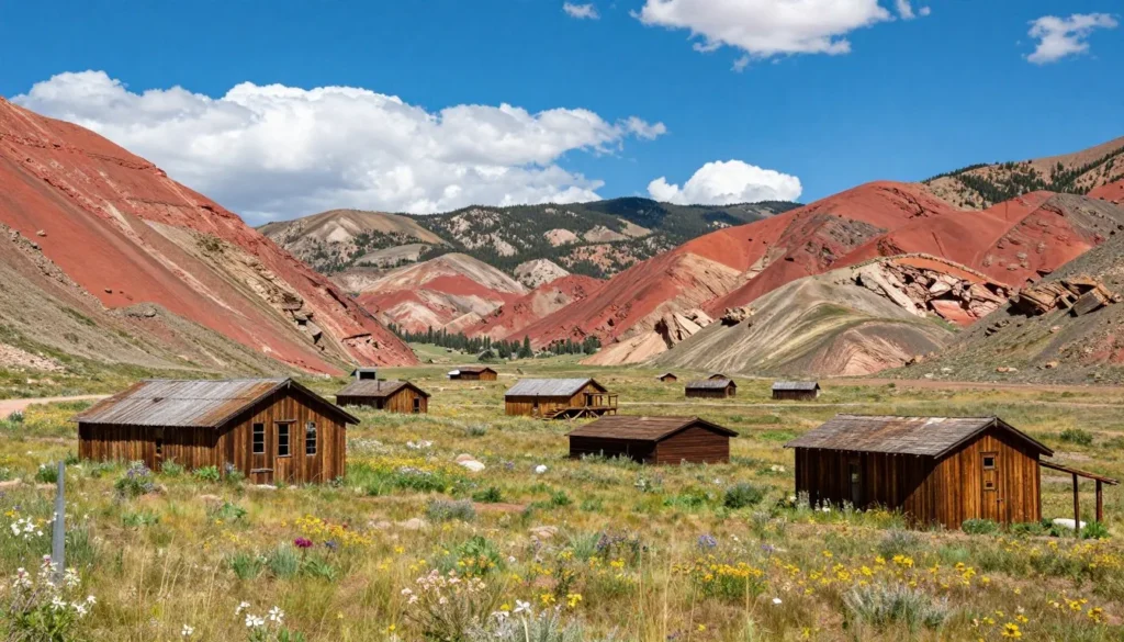 Panoramic view of Red Mountain mining district with multiple ghost town structures scattered across alpine valley surrounded by red peaks