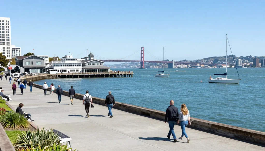 Panoramic view of San Francisco waterfront with Fishermans Wharf and diverse tourists on a beautiful day Panoramic view of San Francisco waterfront with Fishermans Wharf and diverse tourists on a beautiful day