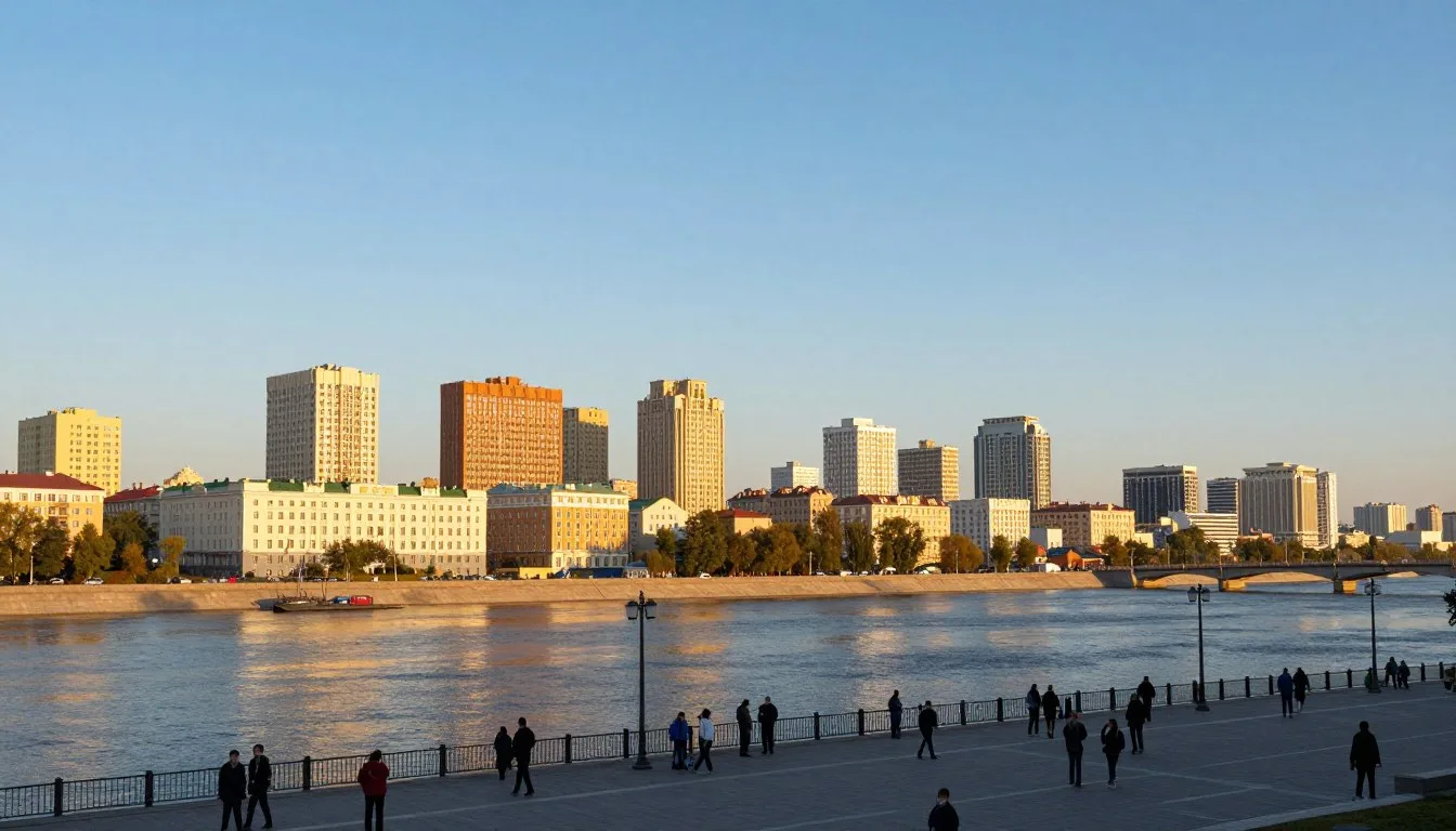 Panoramic view of Tyumen city skyline with historic architecture along the Tura River