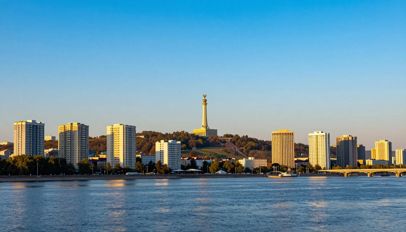 Panoramic view of Volgograd city along the Volga River with Mamayev Kurgan memorial visible on the hill