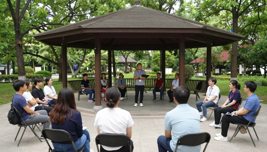Park pavilion hosting outdoor educational program with visitors