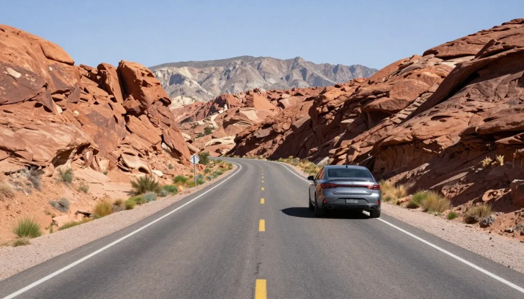 Paved park road winding through canyon with rock formations Paved park road winding through canyon with rock formations
