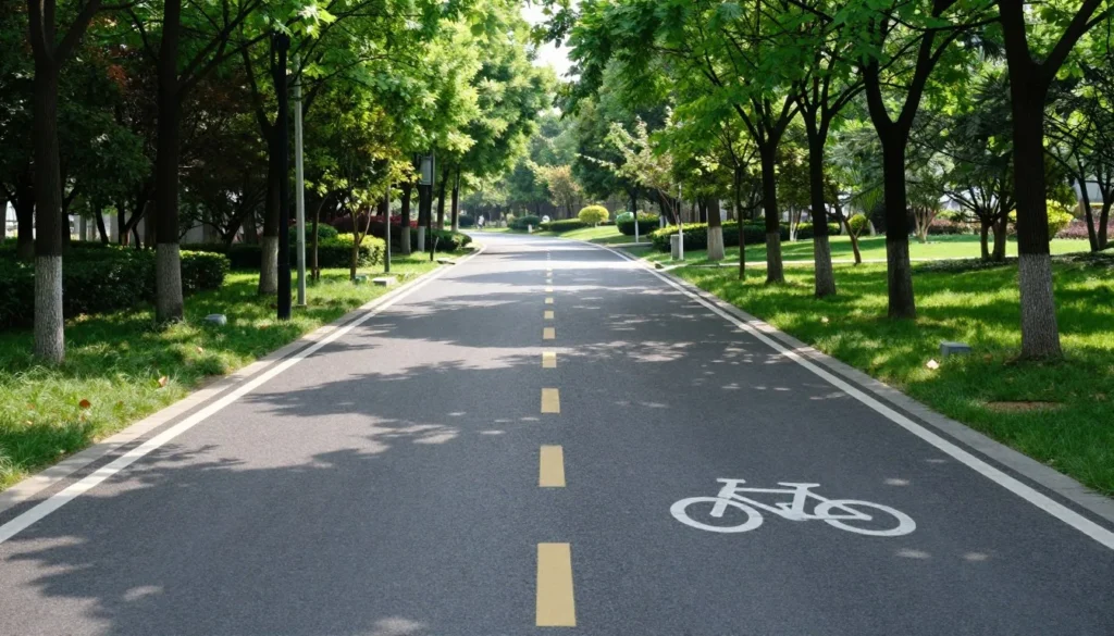 Paved park road winding through forest with bike lane markings