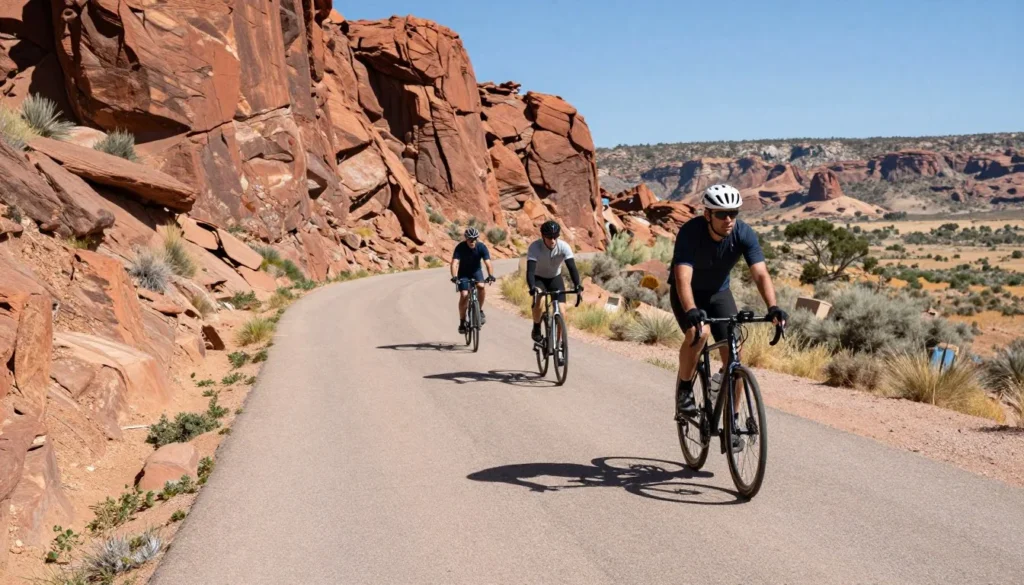 Paved trail at Lake Pueblo State Park with cyclists Paved trail at Lake Pueblo State Park with cyclists