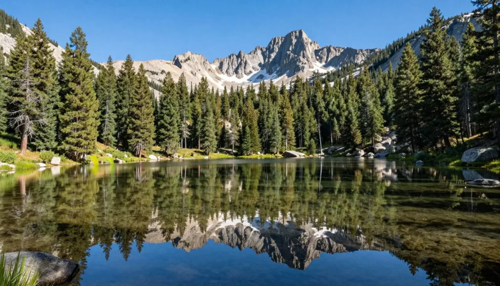 Peaceful alpine lake surrounded by evergreen forest in Dixie National Forest Peaceful alpine lake surrounded by evergreen forest in Dixie National Forest