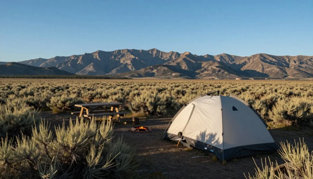 Peaceful camping scene at Ruby Lake refuge campground with tent among sagebrush