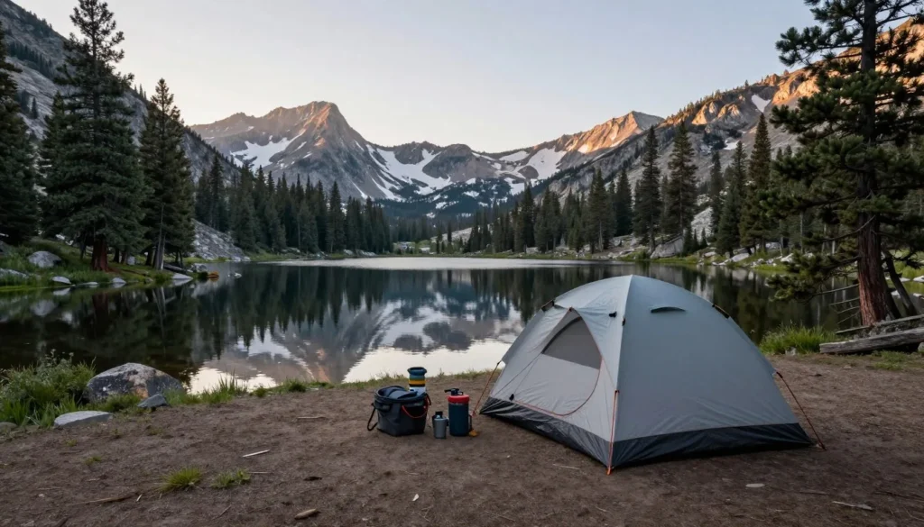Peaceful campsite in Humboldt-Toiyabe National Forest with tent beside alpine lake