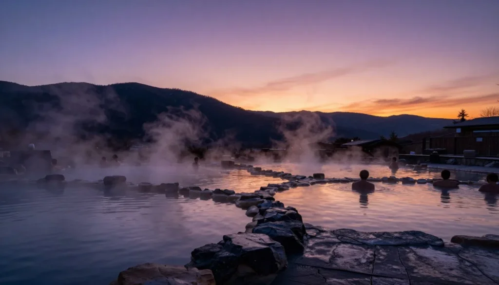 Peaceful evening scene at Joyful Journey Hot Springs with twilight sky and mountain silhouettes Peaceful evening scene at Joyful Journey Hot Springs with twilight sky and mountain silhouettes