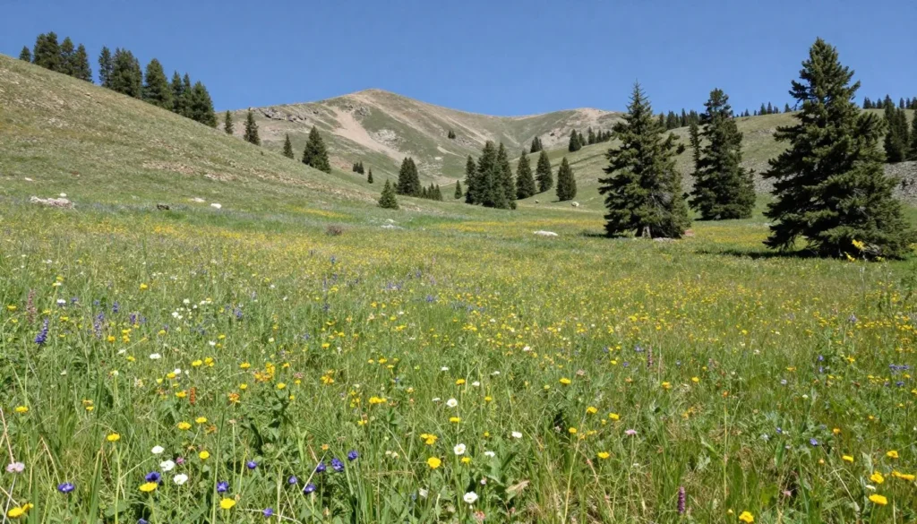 Peaceful mountain meadow with wildflowers and pine trees in Great Basin wilderness