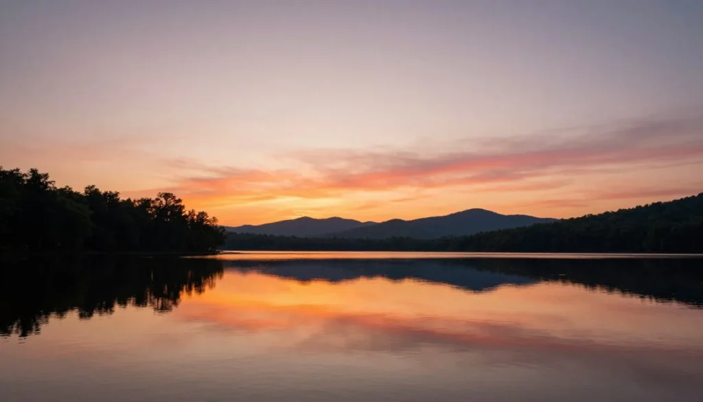 Peaceful sunset reflection on Boone Lake with silhouetted trees
