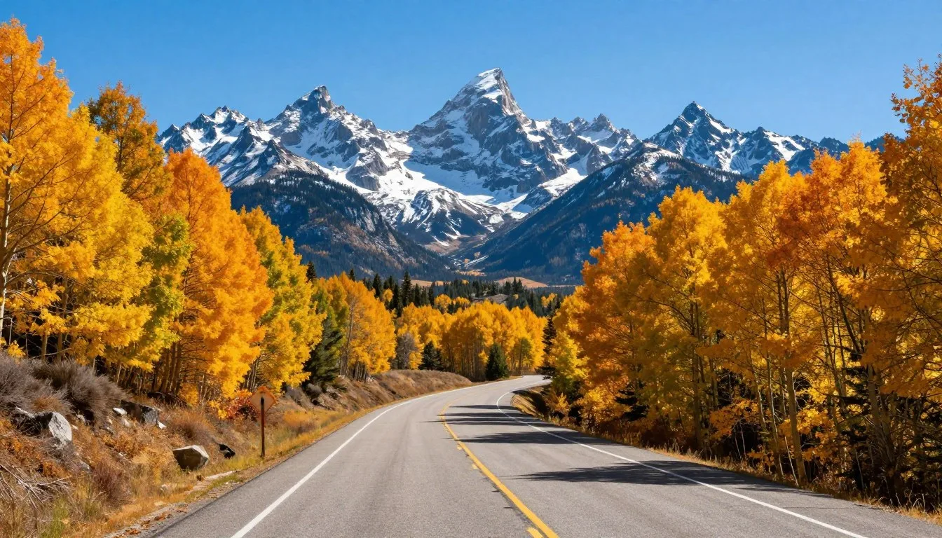 Peak to Peak Scenic Byway Colorado winding through colorful autumn aspen forests with mountain peaks in background