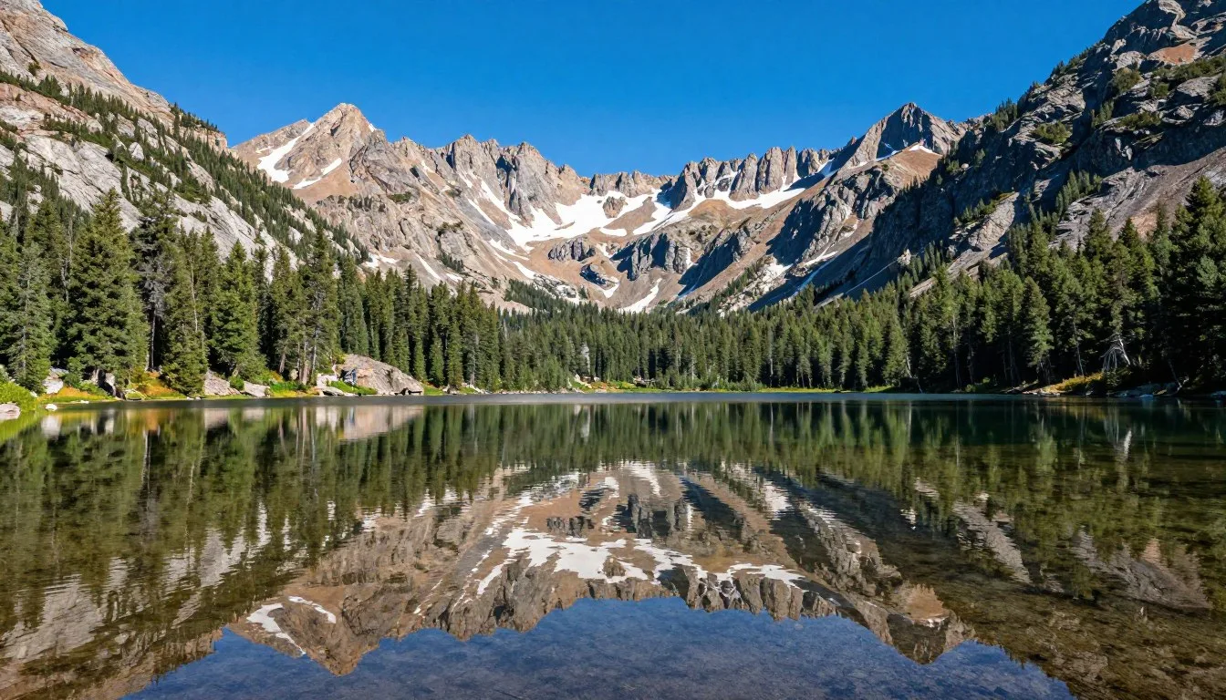 Pearl-Lake-reflecting-mountain-peaks-on-a-clear-summer-day Pearl Lake reflecting mountain peaks on a clear summer day