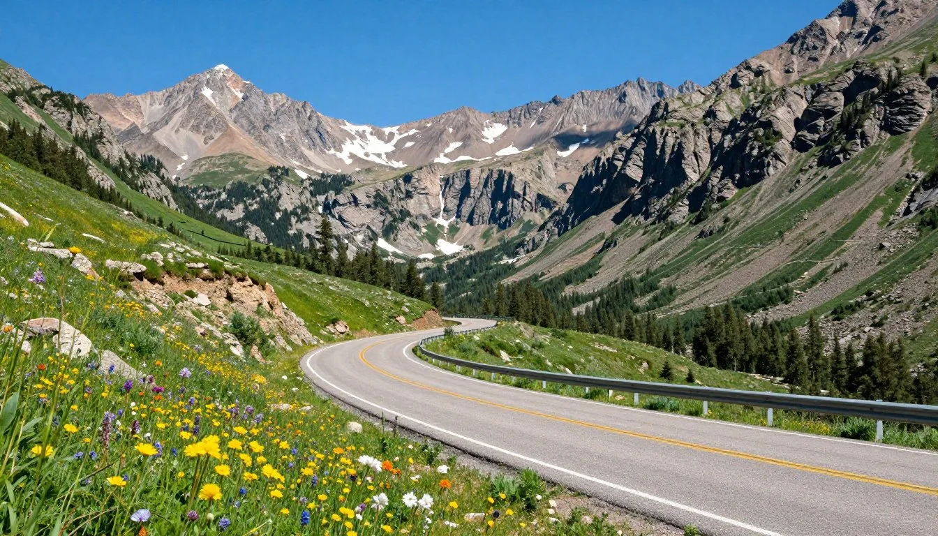 Pearl Pass Road winding through mountain wilderness with wildflowers