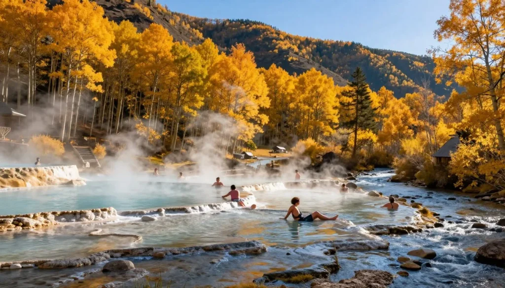 Penny Hot Springs pools in autumn with golden aspen trees and people soaking in natural pools