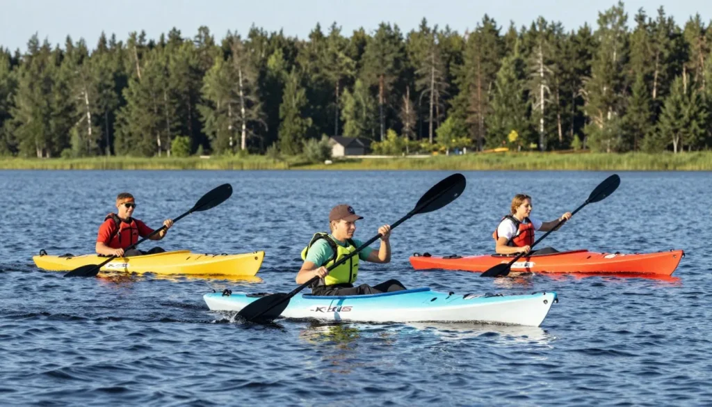 People kayaking on calm lake waters