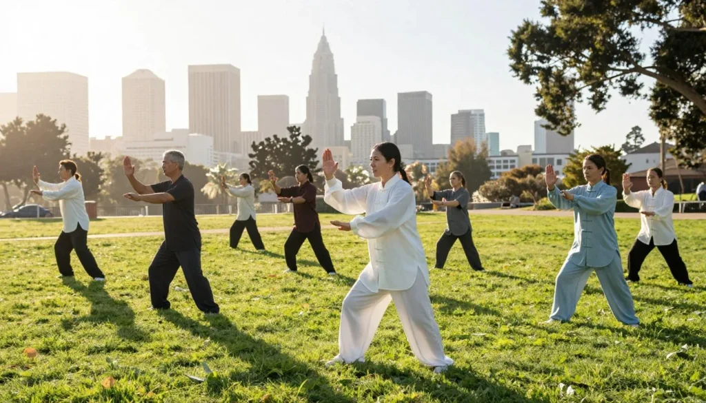 People practicing tai chi in Los Angeles State Historic Park near Chinatown People practicing tai chi in Los Angeles State Historic Park near Chinatown