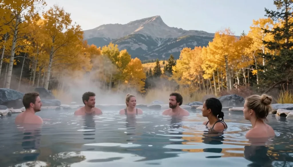 People relaxing in natural hot springs surrounded by autumn foliage in Colorado mountains