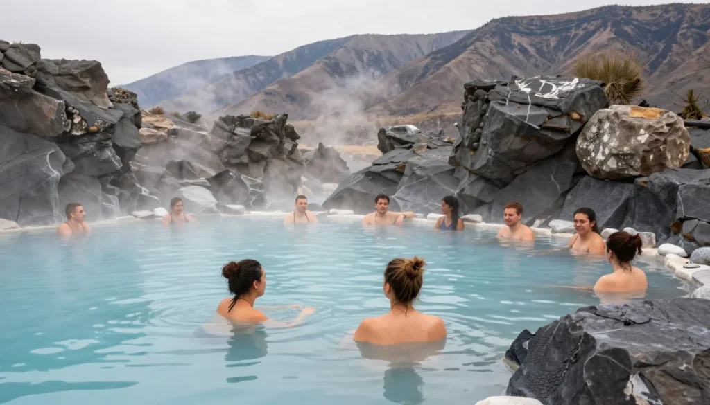 People soaking in natural hot springs with mountain scenery background People soaking in natural hot springs with mountain scenery background
