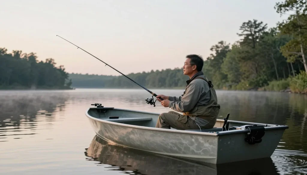 Person fishing from boat on Cedar Creek Lake with fishing rod and peaceful water surroundings