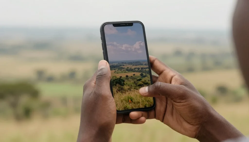 Person using smartphone with African landscape in background showing connectivity Person using smartphone with African landscape in background showing connectivity