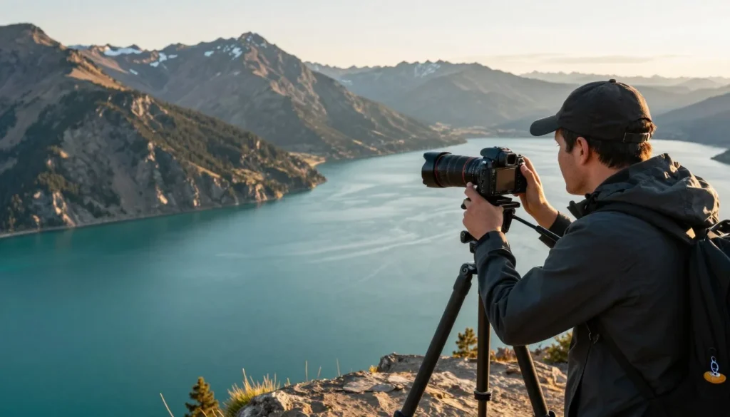 Photographer capturing Bear Lake turquoise water from elevated viewpoint